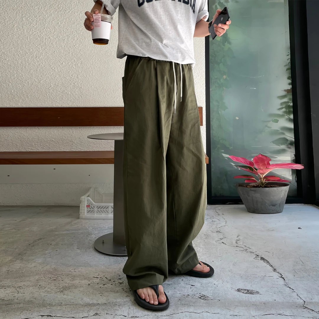 夏季军绿色抽绳亚麻休闲裤男日系慵懒风单褶皱阔腿拖地裤直筒裤子