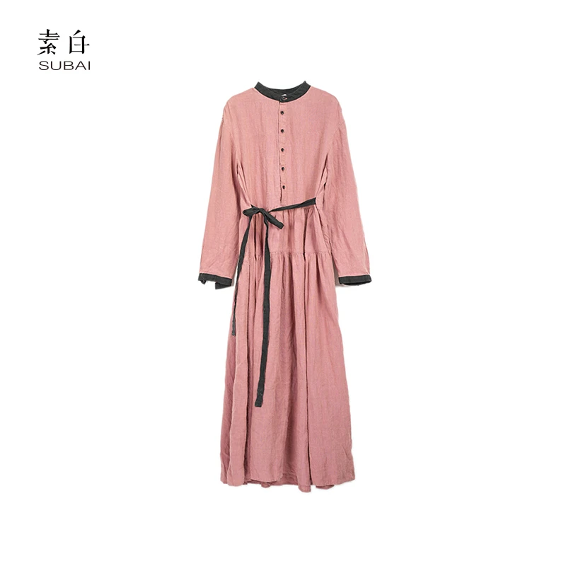 素白【粉黛佳人】P00989气质减龄亚麻高腰收腰显瘦连衣裙