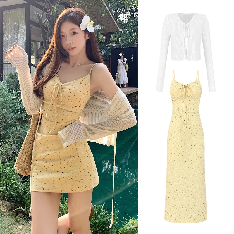 【甜心可可】2025夏季吊带性感长款连衣裙修身显瘦法式连衣裙+开衫