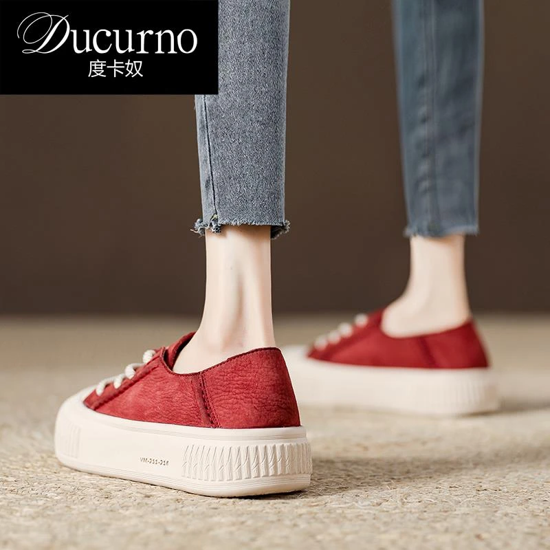 DUCURNO 红色牛皮复古板鞋女厚底真皮小白鞋2025春季新款运动女鞋
