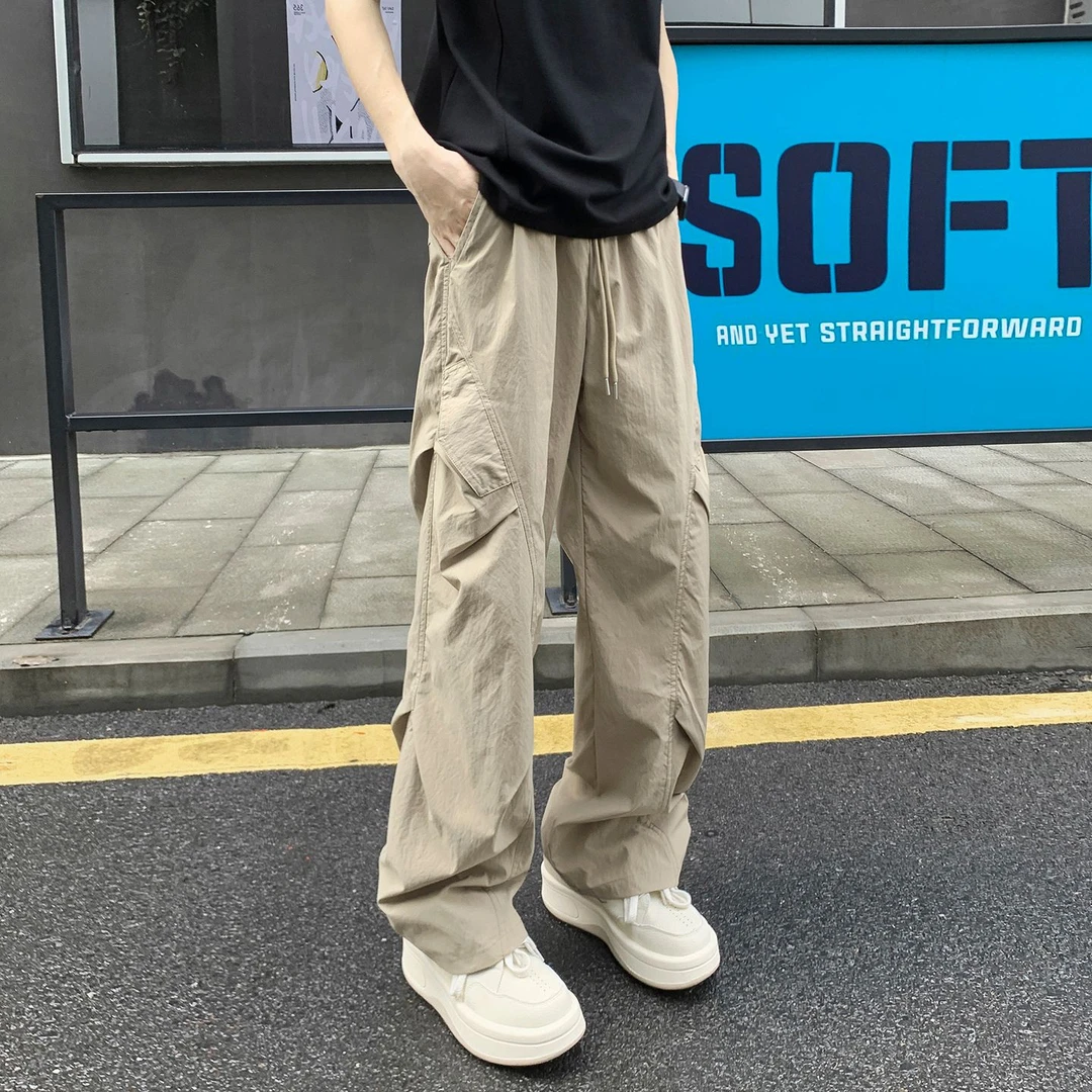 褶皱设计感工装裤男秋季男款户外速干阔腿裤潮流宽松直筒休闲裤子