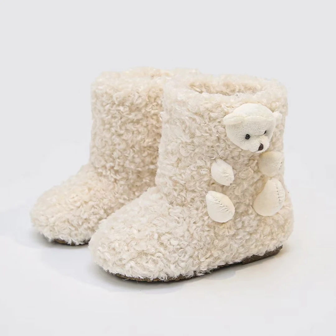韩版毛毛靴女童可爱小熊棉靴男童鞋子保暖雪地靴宝宝软底加绒短靴
