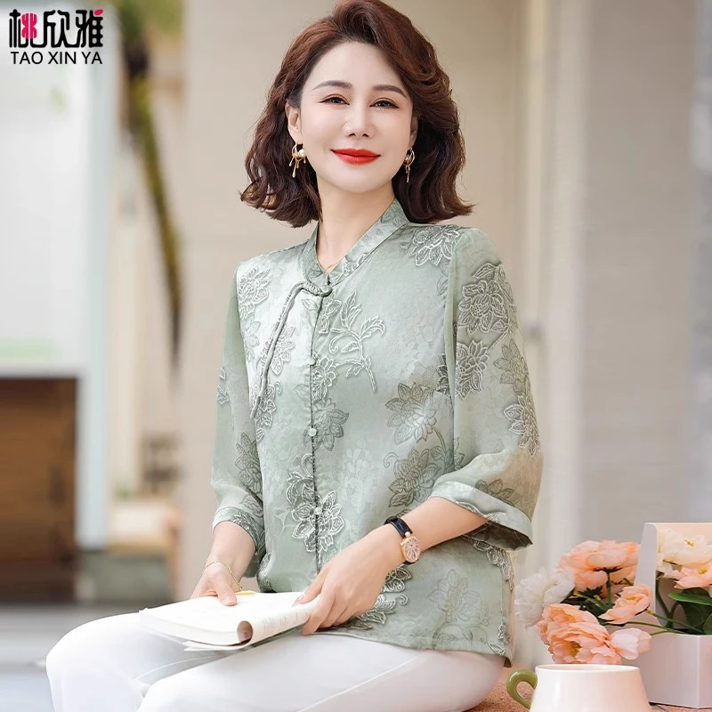 2025新款妈妈夏装雪纺衬衫上衣中老年人女装夏季七分袖T恤两件套