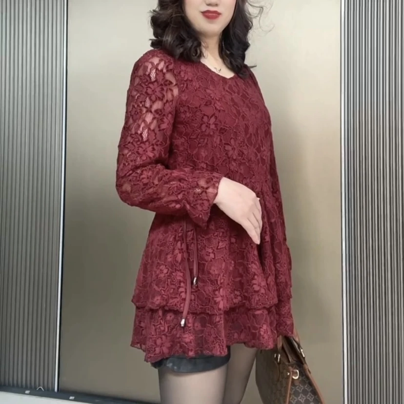 富店2160长袖中长款打底衫蕾丝秋冬圆领宽松网红时尚洋气上衣蕾丝