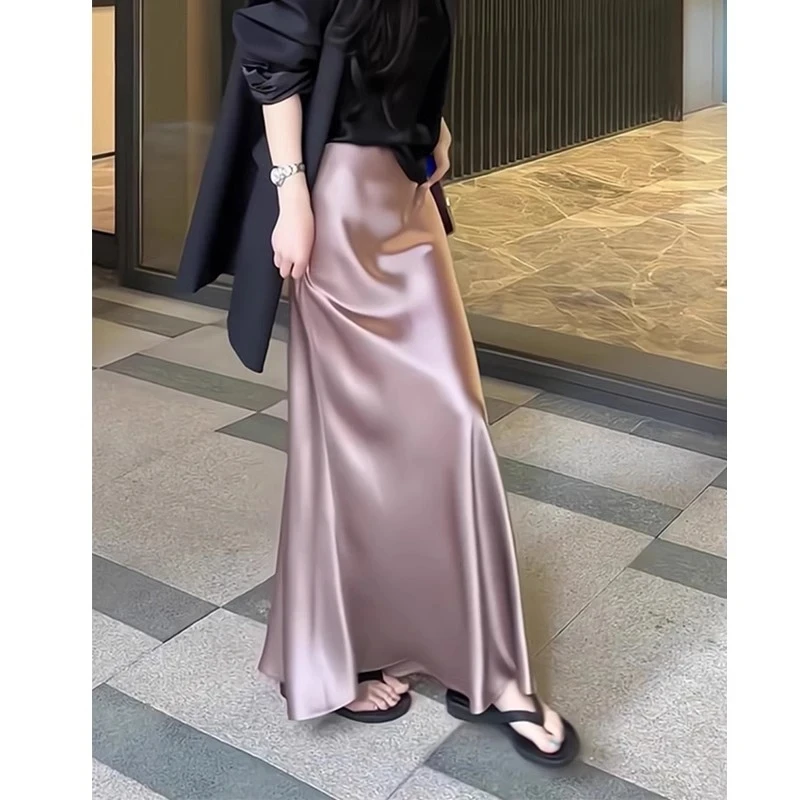 缎面醋酸丝滑半身裙女春夏高级感高腰包臀鱼尾冰丝中长款A字裙子