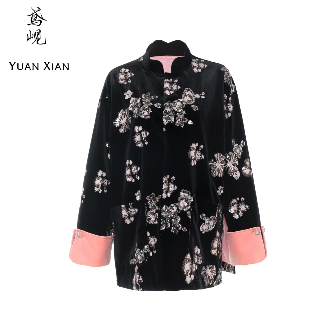【鸢岘】花知晓-粉色手工亮片翻折法式袖丝绒外套 YX05020421