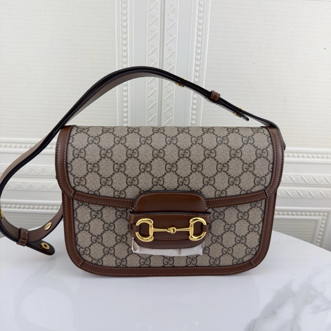 99新 GUCCI/古驰 马衔扣1955老花中号斜挎包黑标033二奢包包