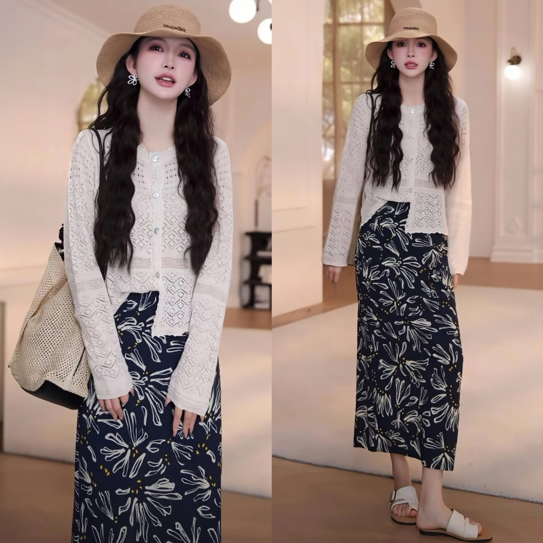 洋气衣服女2025夏季薄款镂空防晒长袖针织开衫百搭半身裙气质套装