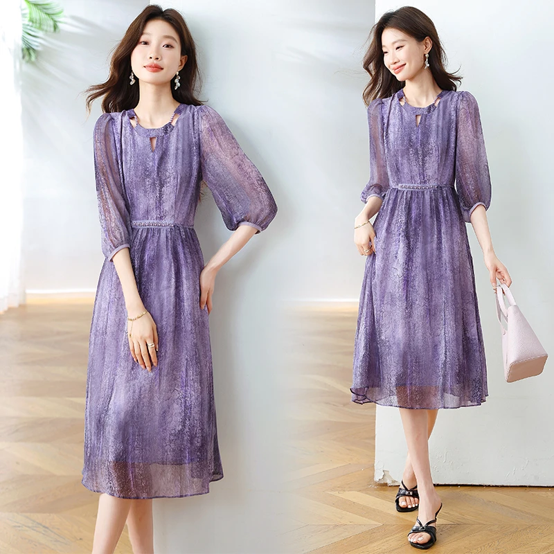 法式晕染印花连衣裙女2025夏季新款遮肚子收腰显瘦气质中长款裙子