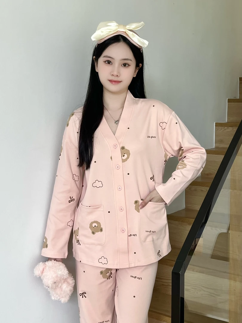 2025新款纯棉带胸垫睡衣女士秋冬大码长袖长裤家居服套装