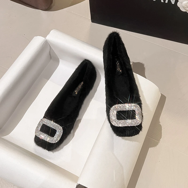 新款方头毛毛鞋软底软面气质百搭方扣黑色经典保暖好穿女鞋