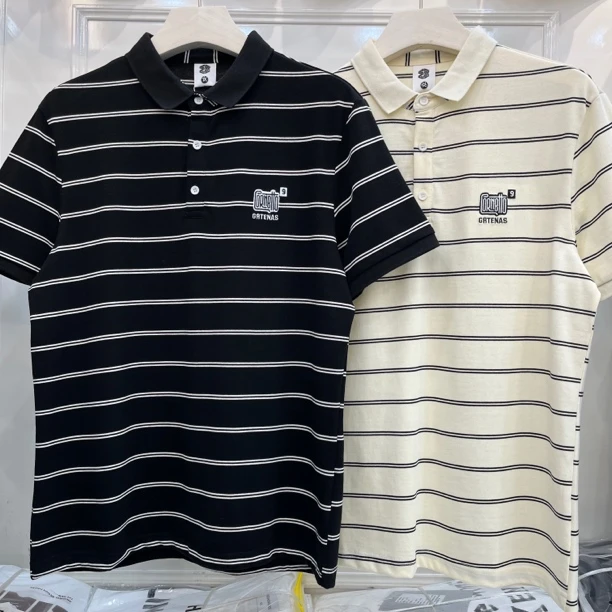 男式条纹短袖净版Polo衫透气简约百搭翻领T恤宽松大版