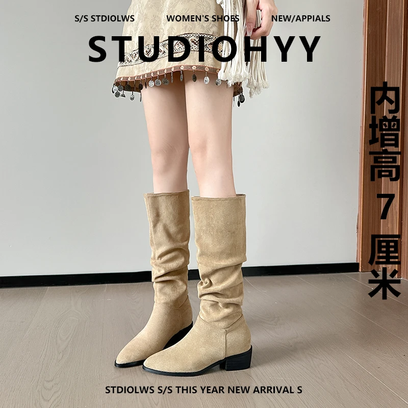 【禾央央】7cm小个子内增高不过膝长靴女粗跟尖头堆堆西部牛仔靴子