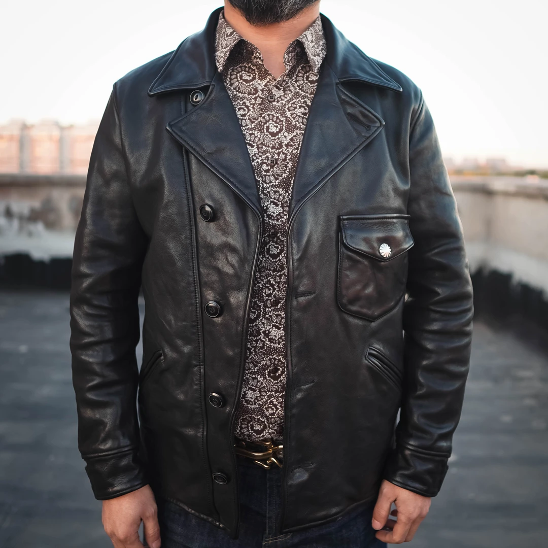 男士经典小熊牛皮皮衣真皮工装夹克翻领复古欧美短款时尚休闲黑色