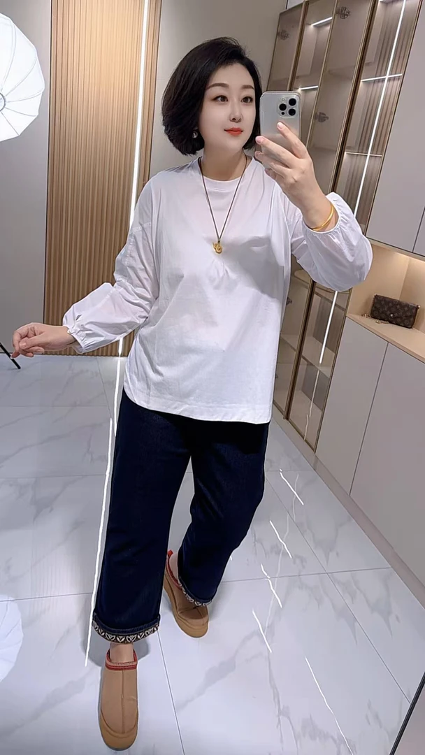 【聪姐推荐】38161秋季新款洋气百搭衬衫袖拼接T恤（衣长71，胸围126）