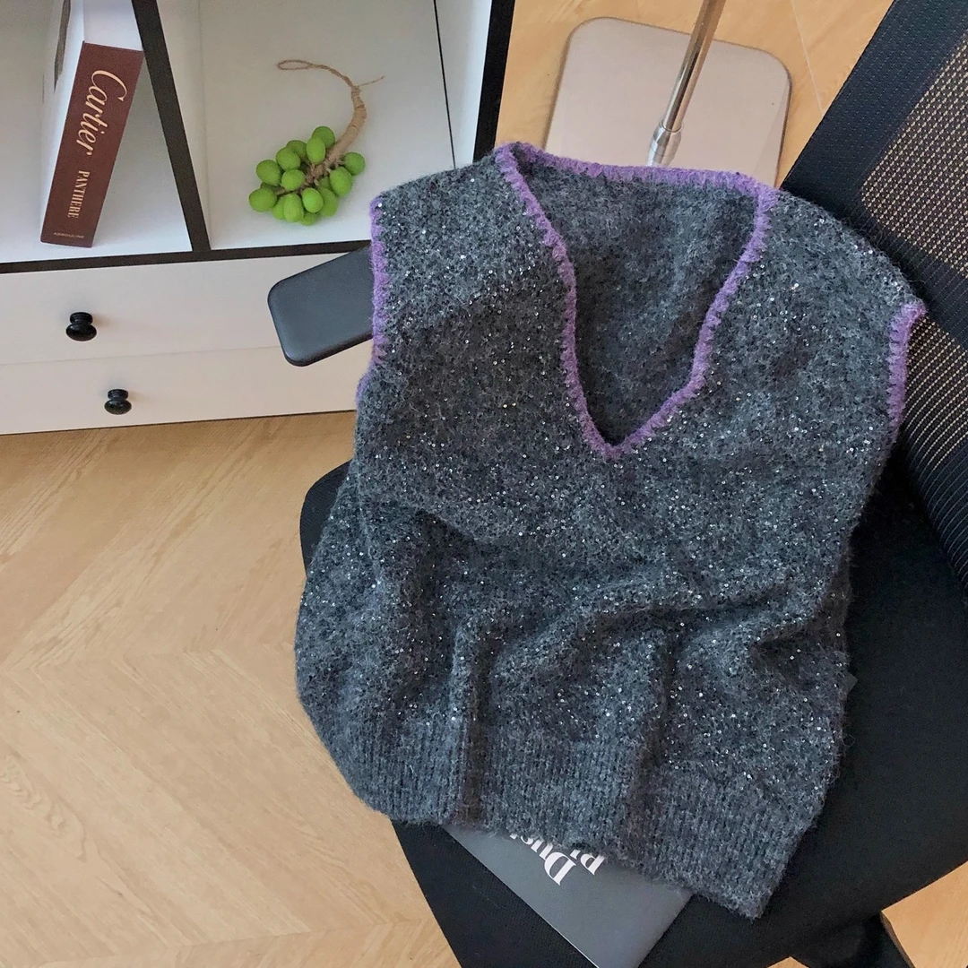 新品法式复古V领亮片针织马甲女秋季无袖叠穿时尚百搭时髦上衣潮