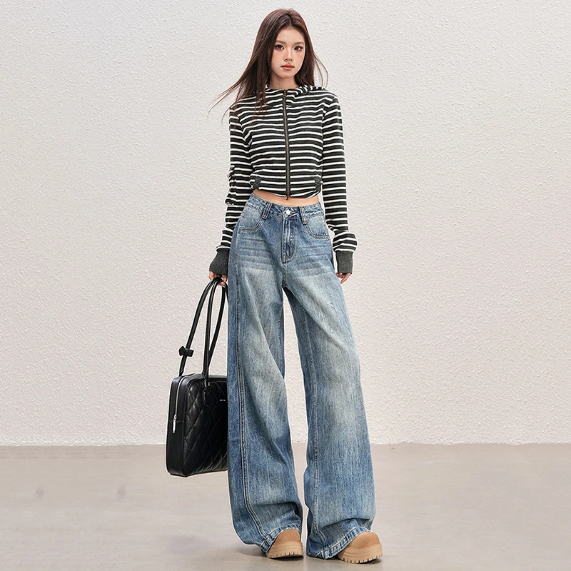 美式街头复古磨白抓纹宽松显瘦阔腿裤2026春季新款通勤百搭牛仔裤