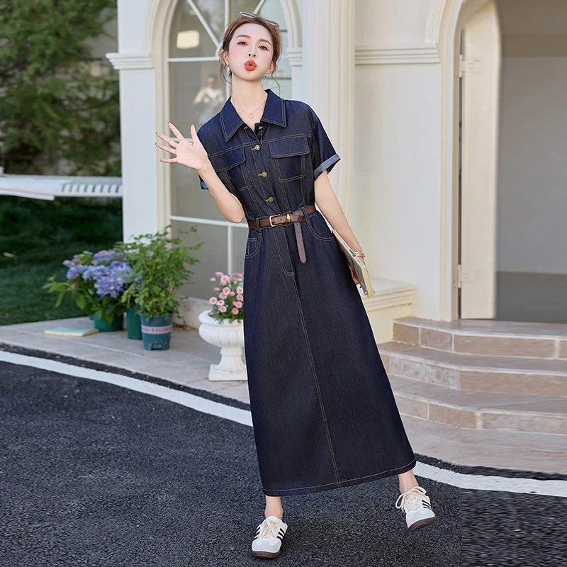 2025夏季新款港风复古减龄收腰显瘦气质薄款长裙短袖牛仔连衣裙女