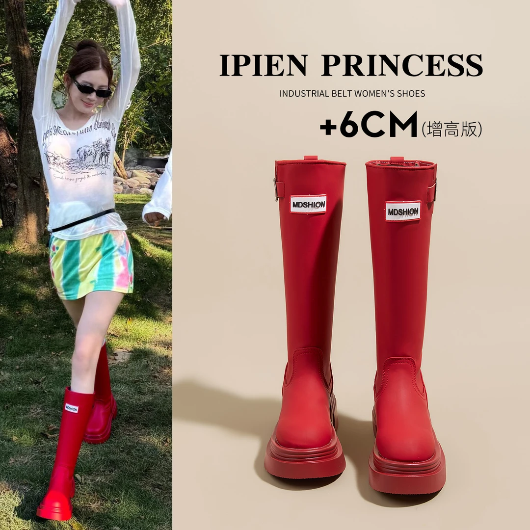 户外露营红色雨靴女2025秋季新款骑士靴厚底增高防水防滑长筒靴子