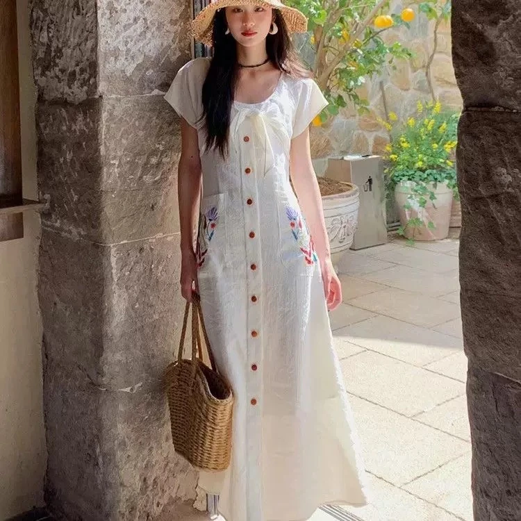 【彩花绣】夏日氛围感法式度假风简单大方连衣裙子女