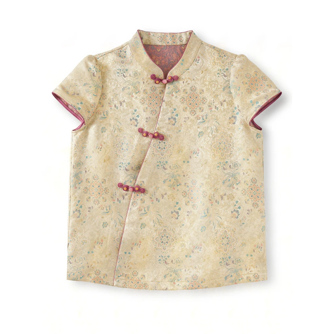 琼林-YZQS259065新中式宋锦桑蚕丝上衣中国风短袖立领气质民国风