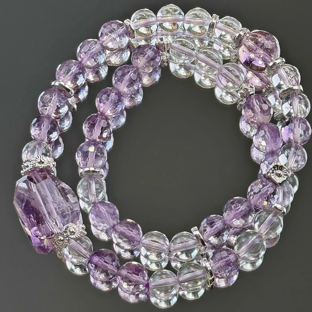 【紫霞】15mm紫水晶+8mm紫水晶+8mm白水晶明天珠宝设计款