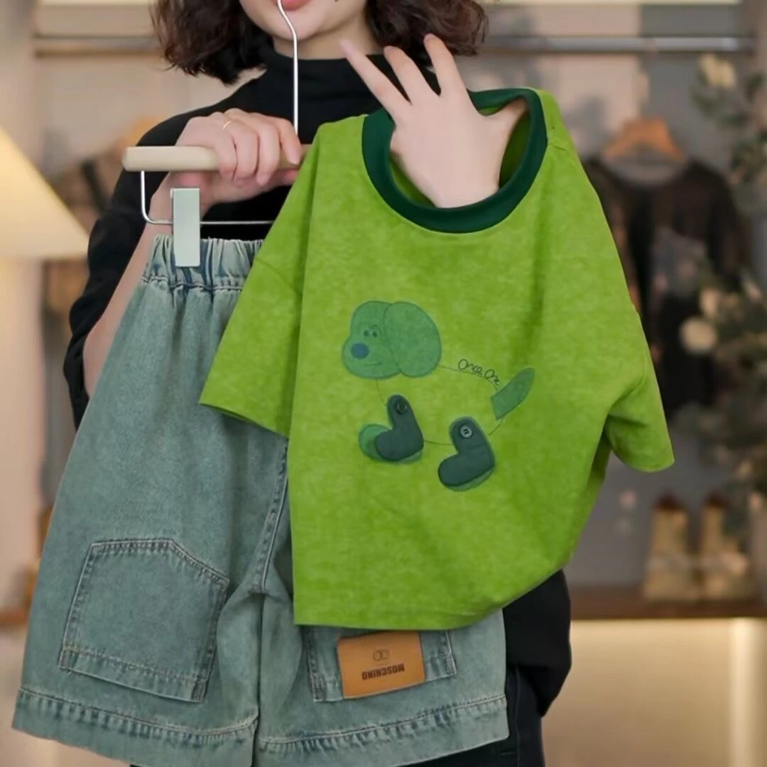 耀选专属.立体玩偶牛油果绿夏季短袖卡通小狗短袖上衣