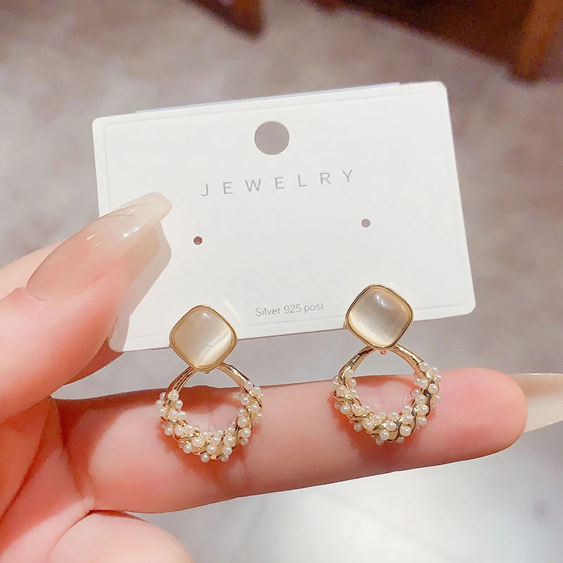 合金耳饰 精致小巧猫眼石菱形几何耳钉韩版气质时尚耳环网红耳饰