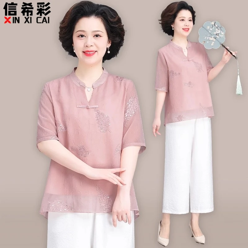 母亲节衣服妈妈夏装套装新款中老年人夏季刺绣短袖T恤小衫上衣女