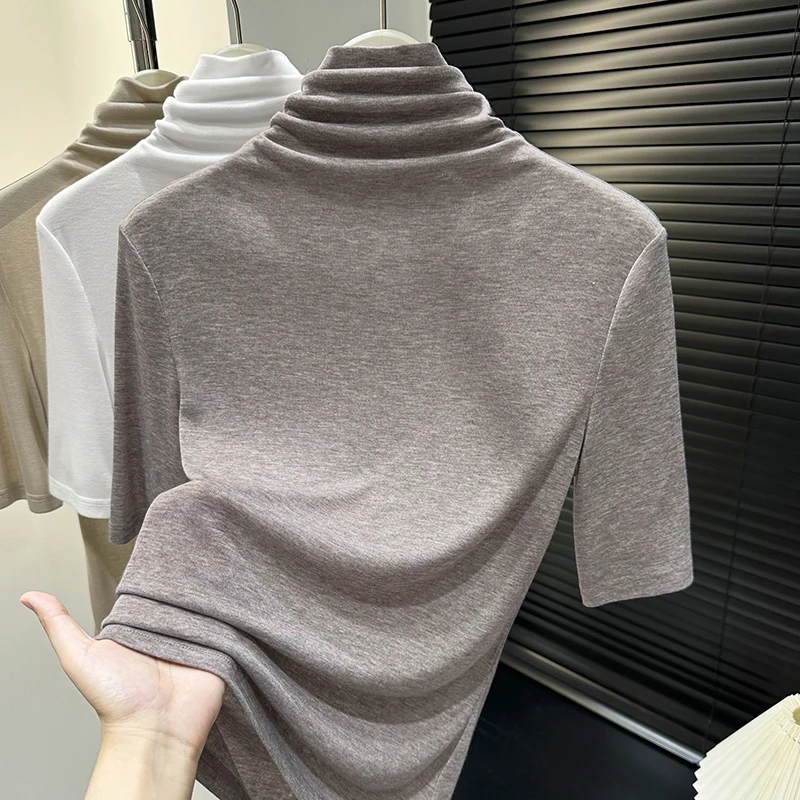 复古风摩卡色中袖高领针织上衣2025秋季新款修身显瘦纯色弹力T恤