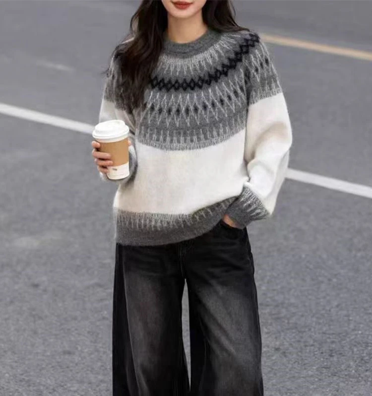 韩系撞色羊毛衫优质羊绒拉毛休闲针织衫女百搭时尚扇形提花打底衫