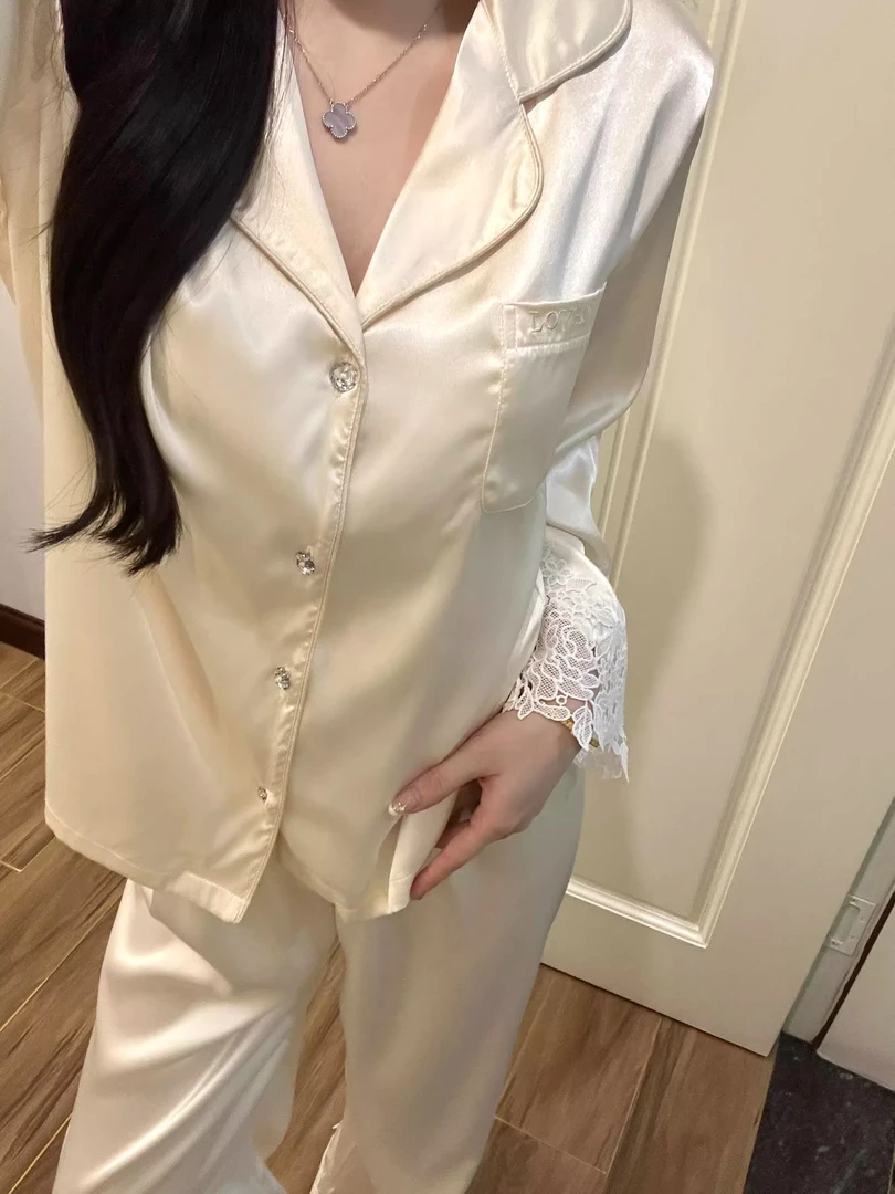 【极简白月光】高级蕾丝花边裸感冰丝长袖睡衣女春秋新款套装家居服