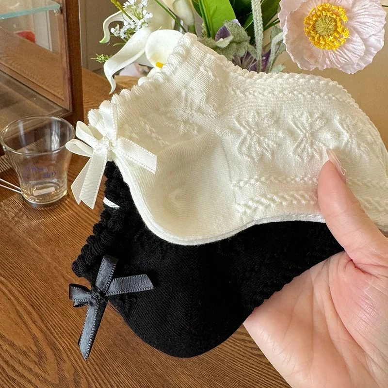 白色袜子女夏季薄款百搭短袜可爱蝴蝶结低帮无骨浅口花边袜lolita
