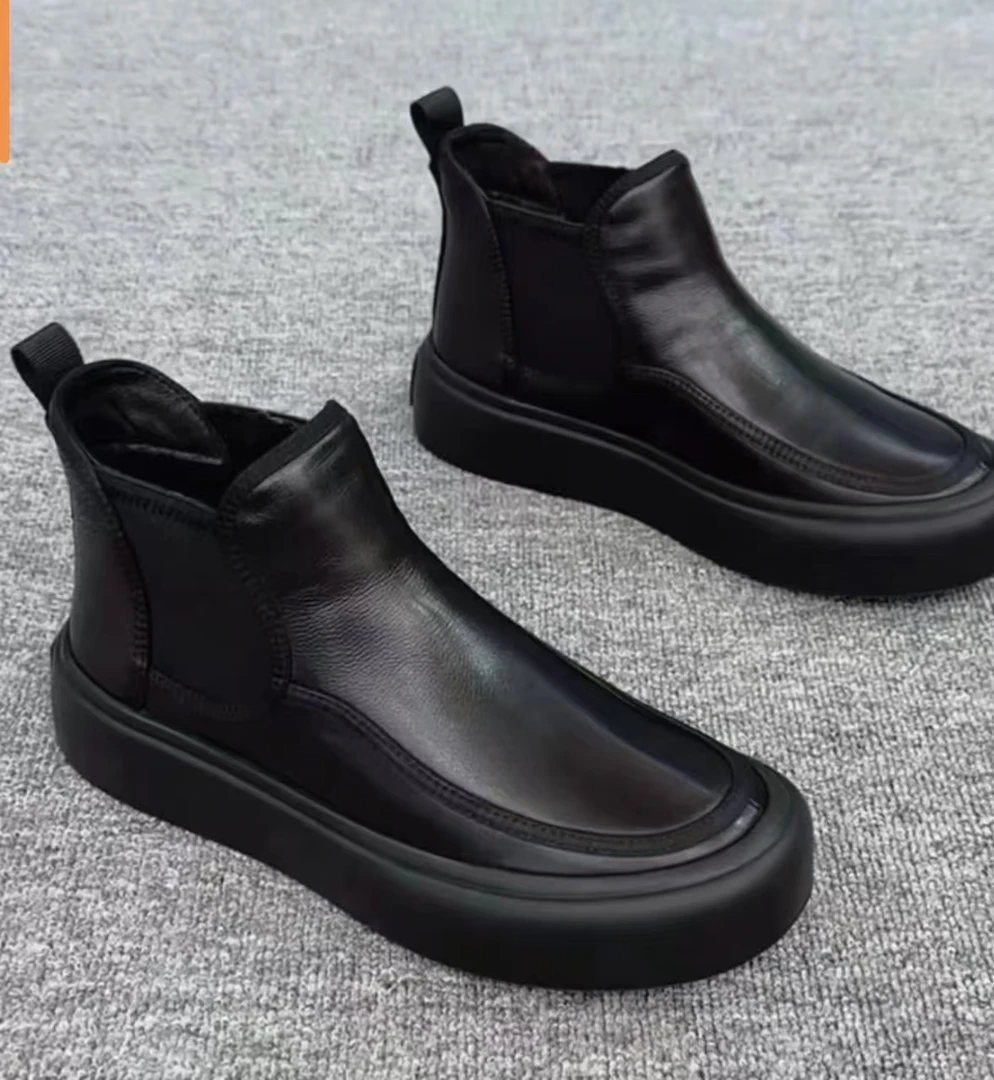 【冬季热卖】2025新款男士黑皮短靴休闲鞋一脚蹬驾车鞋增高1088加绒