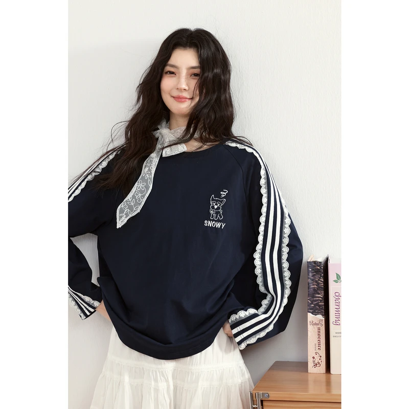 诗凡黎狗狗刺绣撞色棉T恤2025春小众设计时尚长袖上衣7G1200231