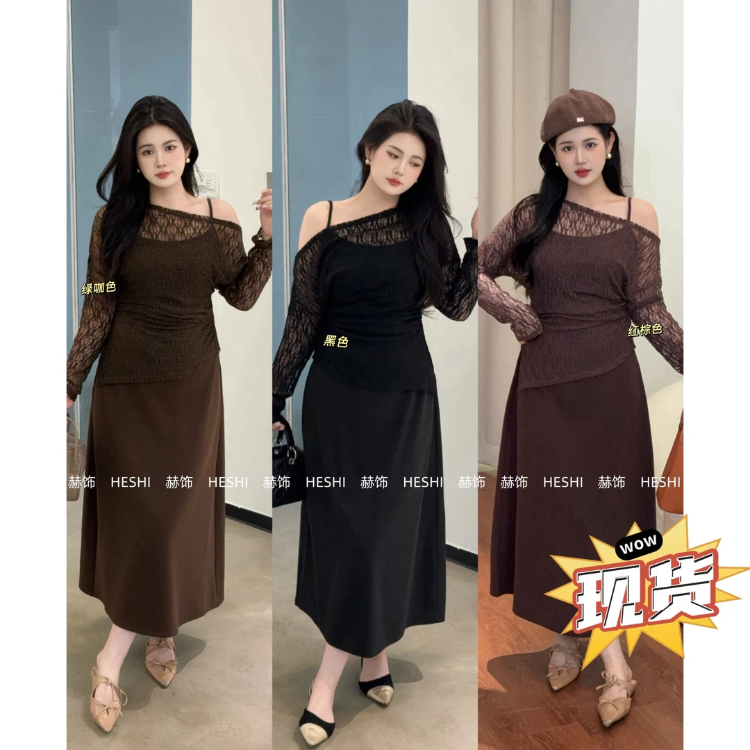 现货【嘎嘎】大码胖mm秋季新款显瘦收腰优雅气质连衣裙两件套08038D