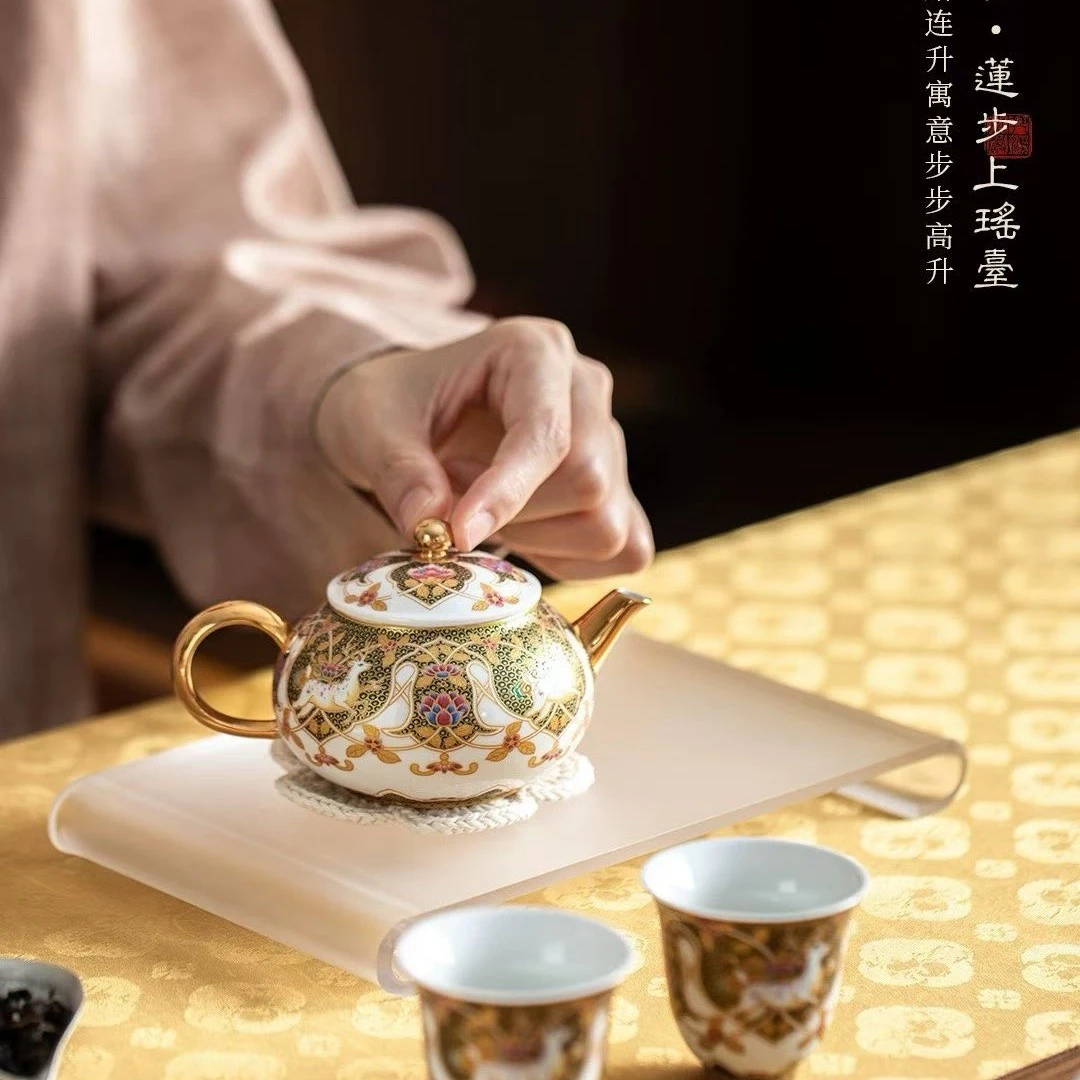 ​堆金珐琅前程有鹿一路连升一壶两杯景德镇功夫茶具精美礼品家用