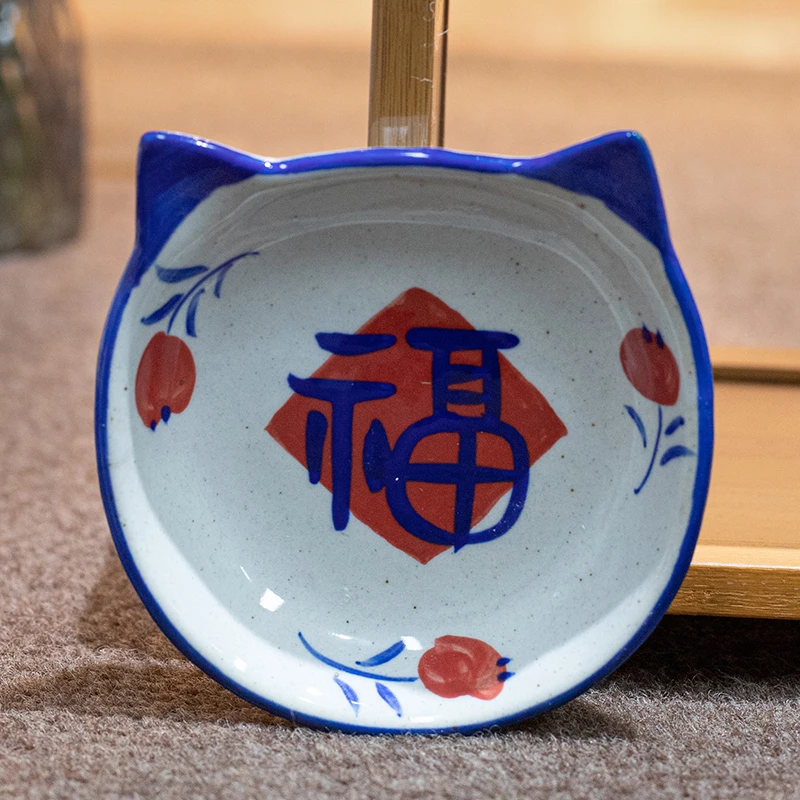 景德镇陶瓷手绘猫耳朵福字蘸料碟