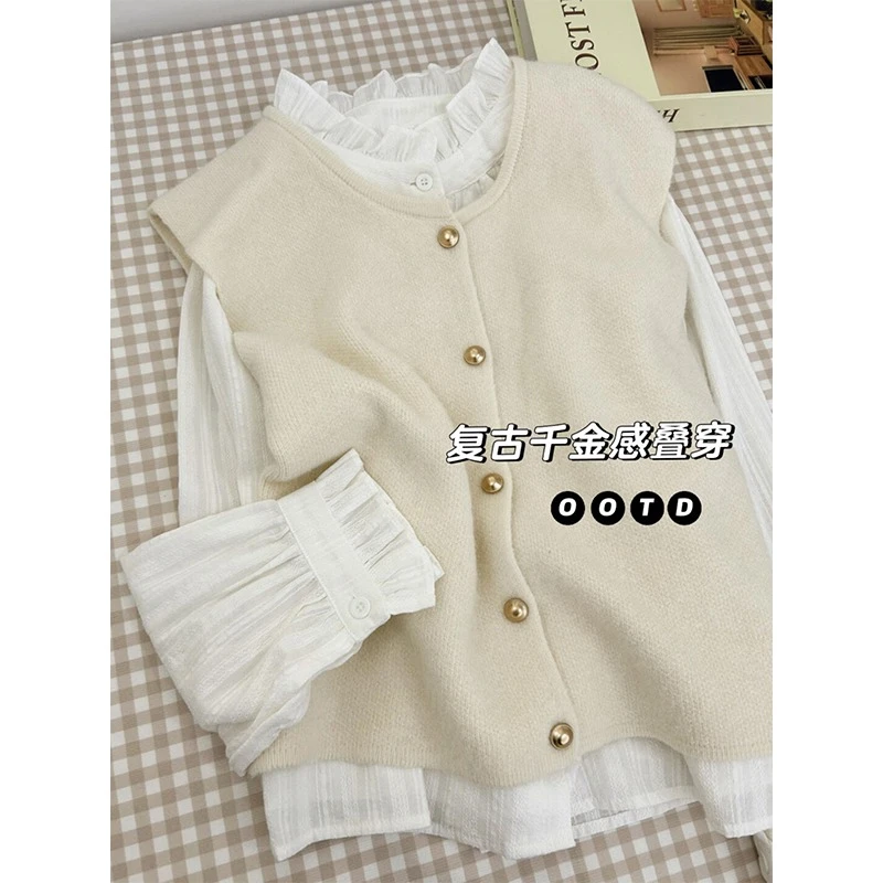 【8257】大码温柔系长袖衬衫叠穿韩版复古针织坎肩马甲上衣女