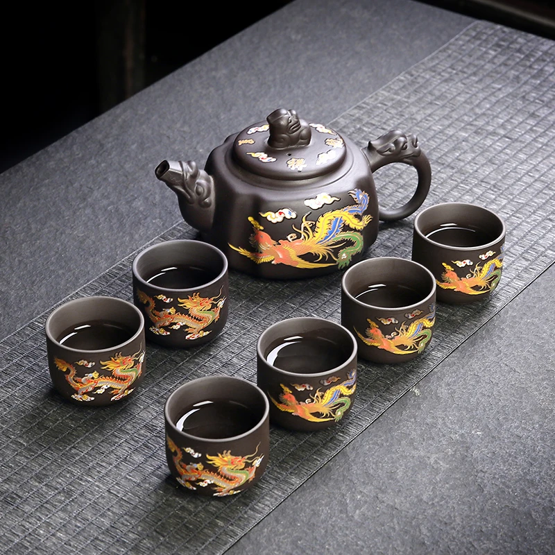 紫砂龙凤变色凤鸣断水泡茶壶个人专用茶艺器具四方龙尊大容量茶具