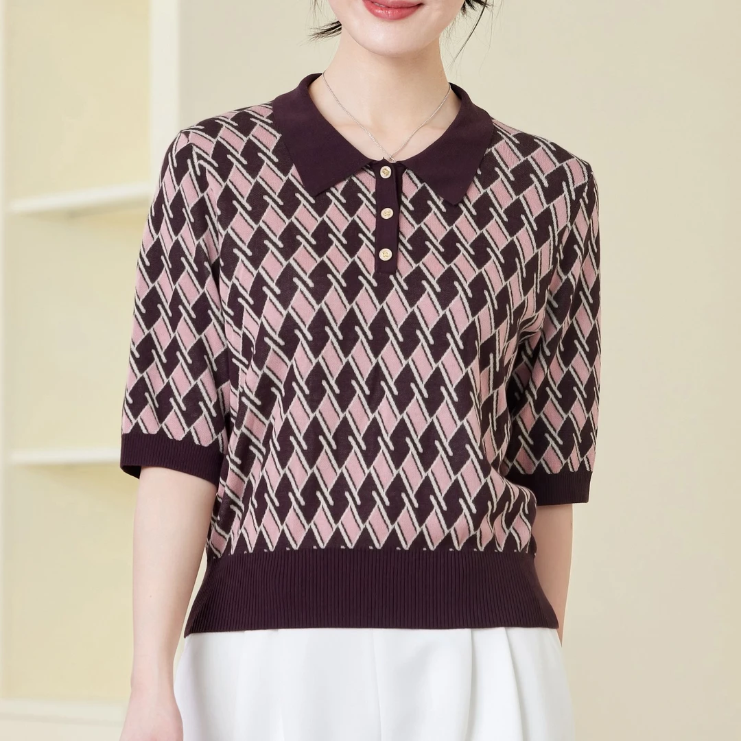川禾织衣 秋冬轻奢撞色格翻领100纯天丝中袖T恤显瘦打底针织小衫