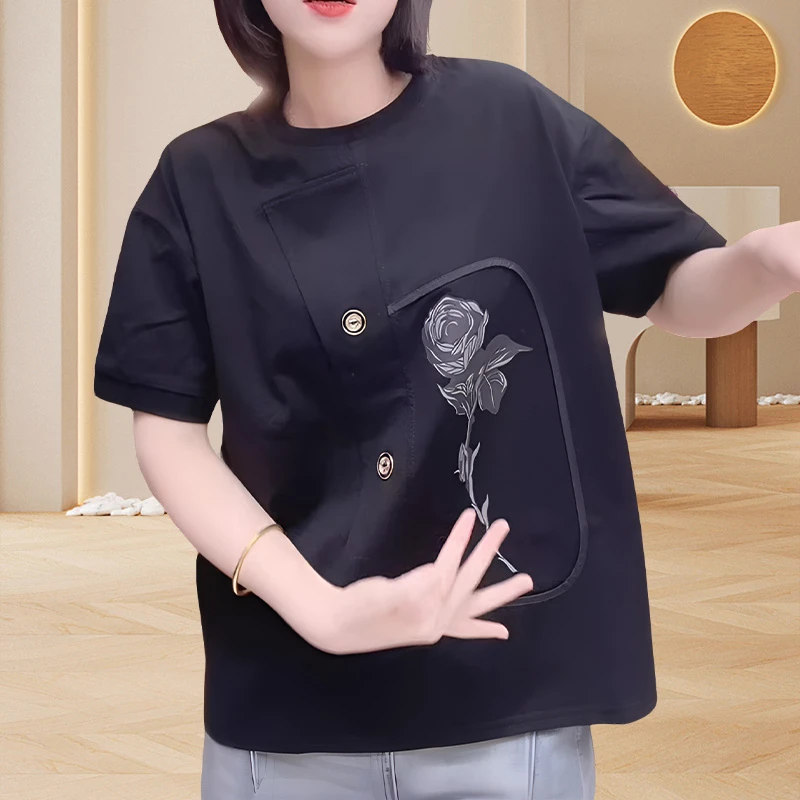 夏季正肩圆领拼接t恤宽松显瘦短袖玫瑰印花国风小众高级感上衣女