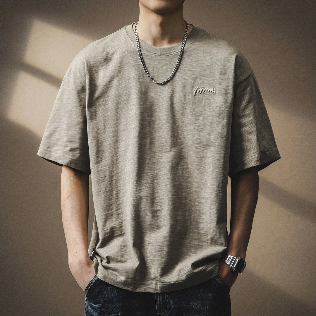 HAMOLENA日系复古简约刺绣竹节棉短袖T恤男士夏季薄款宽松半袖