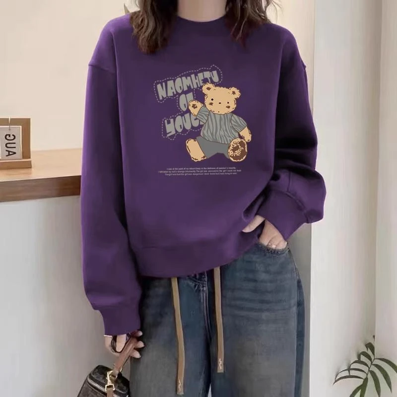 胖mm时尚百搭卫衣女秋冬季韩版宽松大码葡萄紫休闲圆领加绒上衣潮