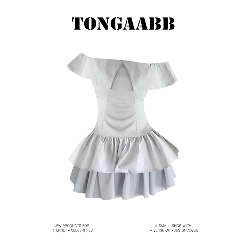 TONGAABB【韩漫欧尼】一字肩波点拼接衬衫半裙两件套