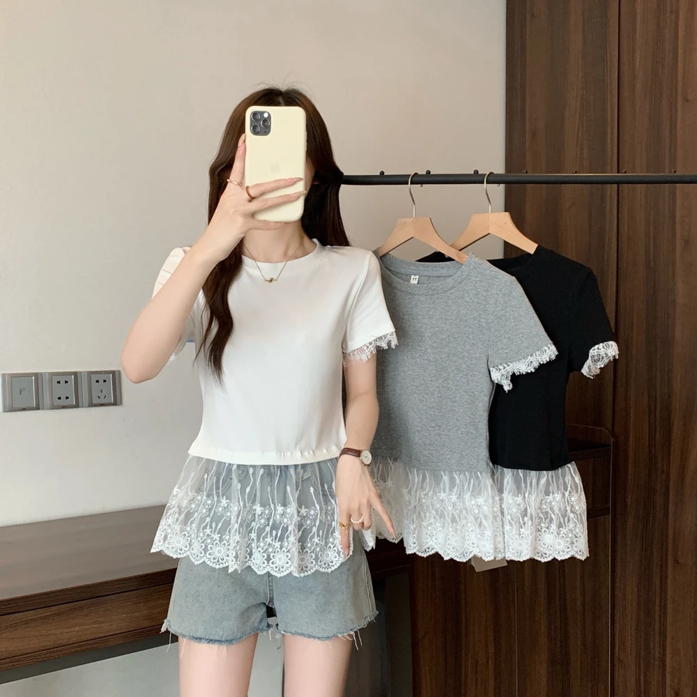 【原001-074号编码，往下滑选好码数下单】蕾丝花边下摆设计感T恤