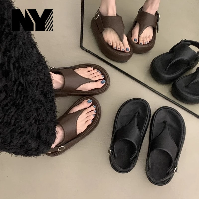 NY厚底增高夹趾凉鞋女2025夏新款配裙子百搭复古皮带扣罗马沙滩鞋