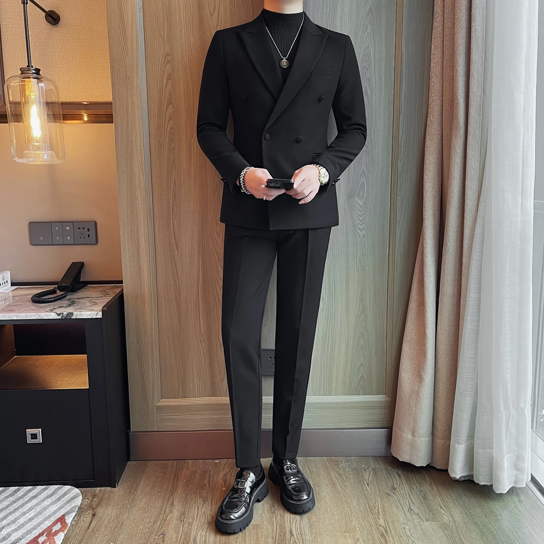 高级双排扣男士套装西服2025新款英伦修身西装商务两件套高档外套