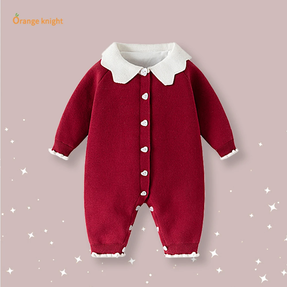 新生儿拜年服可爱洋气秋冬季新款针织保暖满月女宝宝周岁宴连体衣