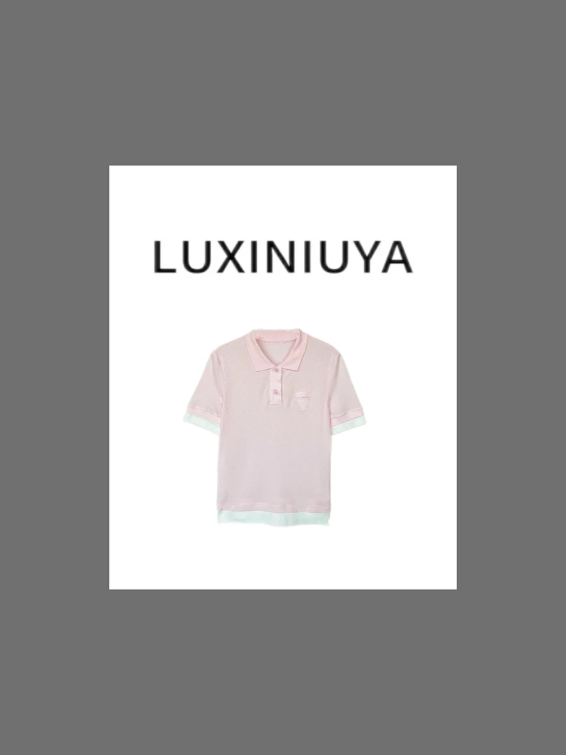 【LUXINIUYA】时髦三角标  拼接假两件翻领POLOT恤#CX3296